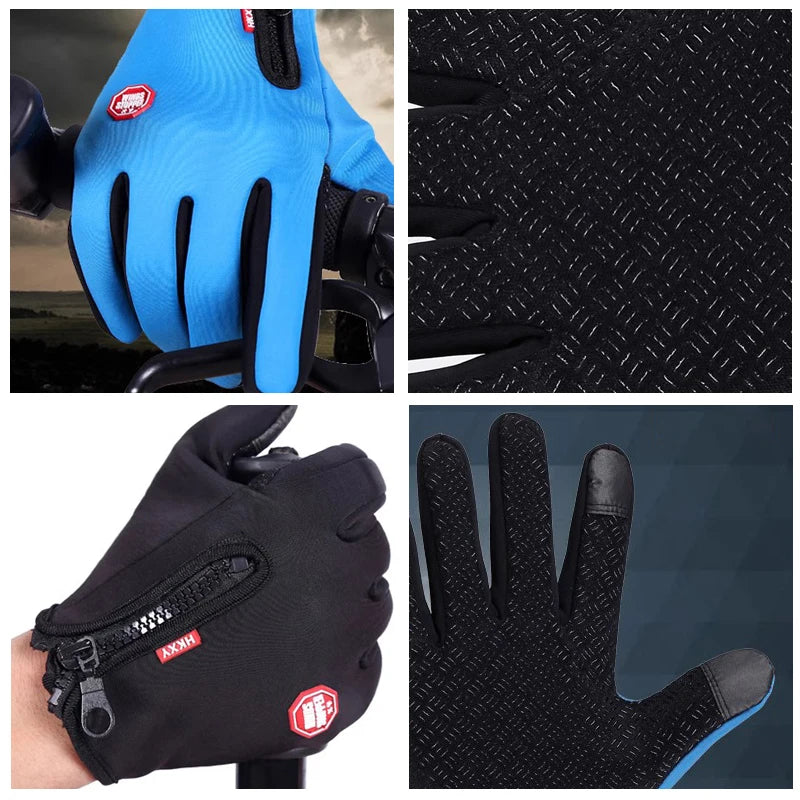 Collage of blue and black gloves with detailed views and brand logo.
