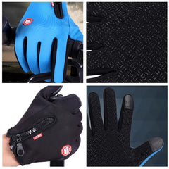 Collage of blue and black gloves with detailed views and brand logo.