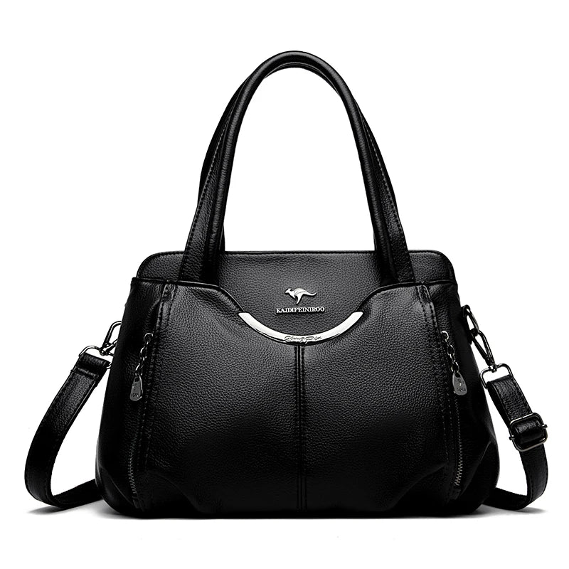 Black handbag with a visible brand logo on a white background