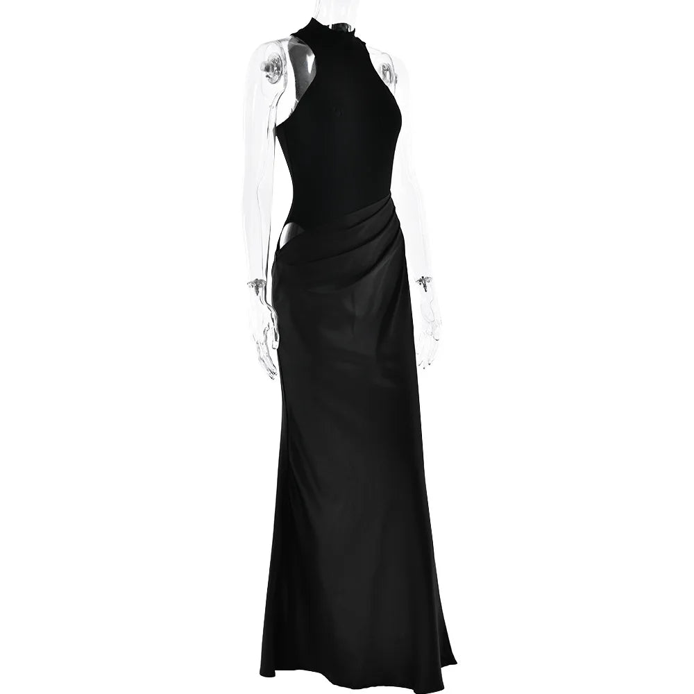 Elegant High-Neck Sleeveless Evening Gown with Draped Satin Skirt