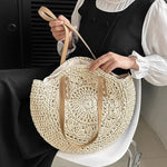 Handcrafted Round Straw Woven Beach Tote Bag Vacation Beach Hollow Out Shoulder Bag