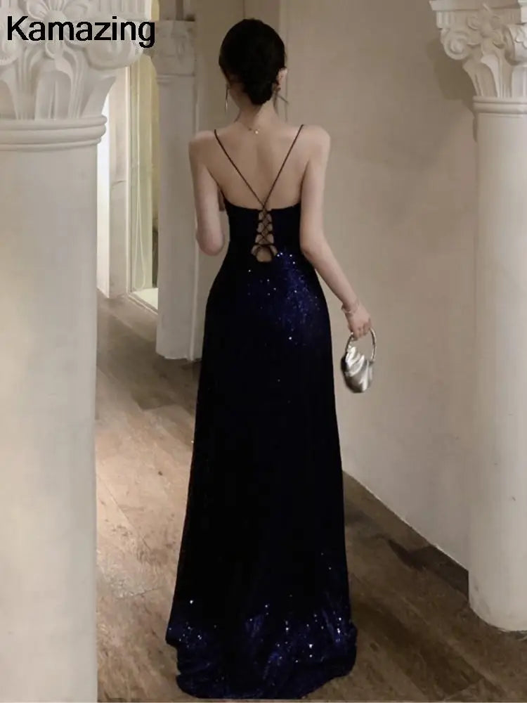 Elegant V-Neck Sequin Graduation Prom Maxi Dress Sexy Backless Split Bandage Runway Luxury Formal Evening Dress