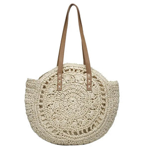 Handcrafted Round Straw Woven Beach Tote Bag Vacation Beach Hollow Out Shoulder Bag