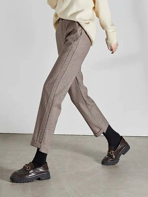 Tweed Straight Pants Women Academia Herringbone Warm Thick Cropped Casual Chic Fashion Trousers