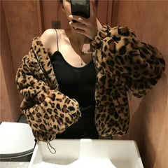 Faux Fur Coat Women Leopard Print Stand-Up Collar Loose Warm Winter Casual Outerwear Fashion