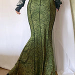 Y2K Vintage Fashion Green Long Mermaid Skirt Graphic Print Lace Trim Mid-High Waist Skirt 2000s Aesthetic