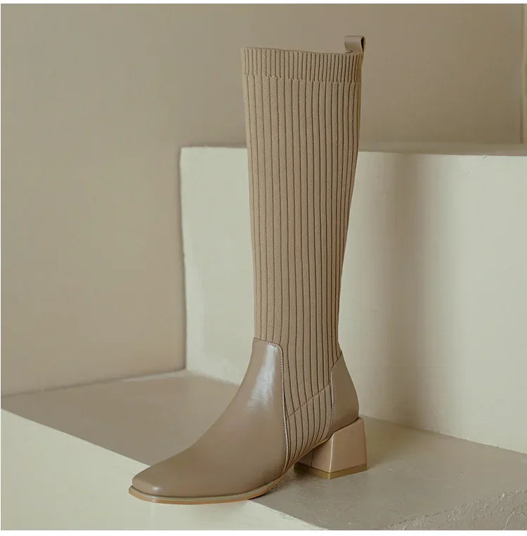 Knitted w/ Faux Leather Knee-High Sock Boots for Women New Fashion Slip On Med Heel Retro Elastic Boots