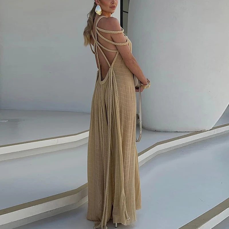 New Casual Solid Color Long Dress Sexy Hollow Out Backless Loose Dress Summer Twist Sling Holiday Beach Dress