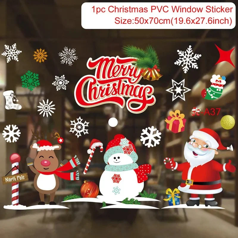Christmas-themed window stickers with Santa Claus, reindeer, snowman, and snowflakes on a dark background.