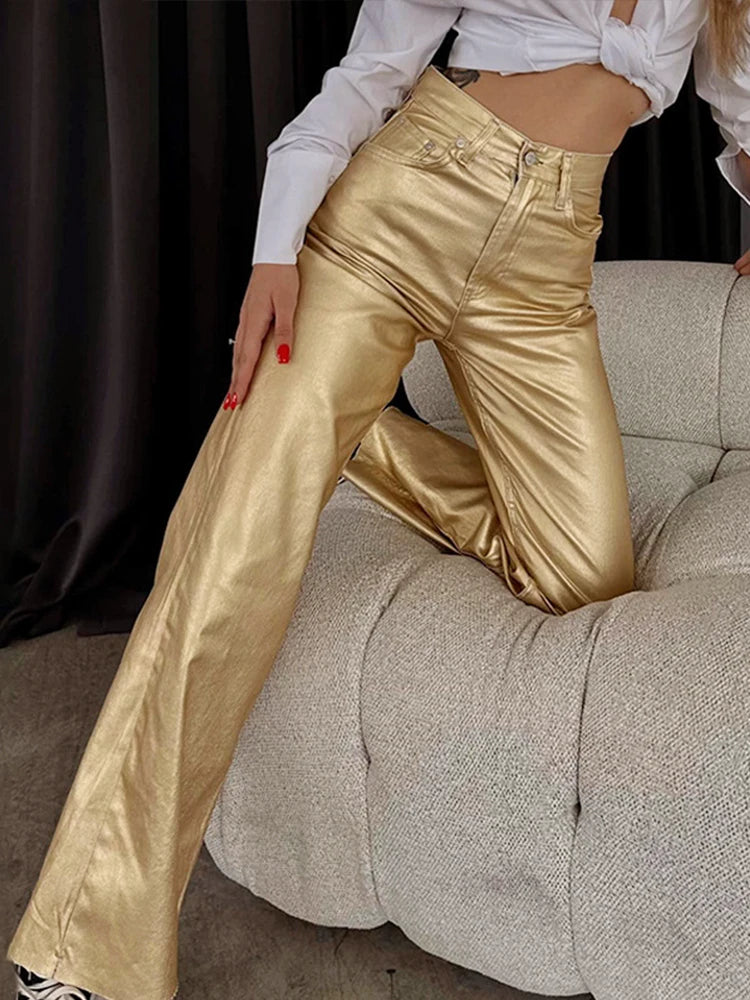 Metallic Straight Loose Fit Pants gold