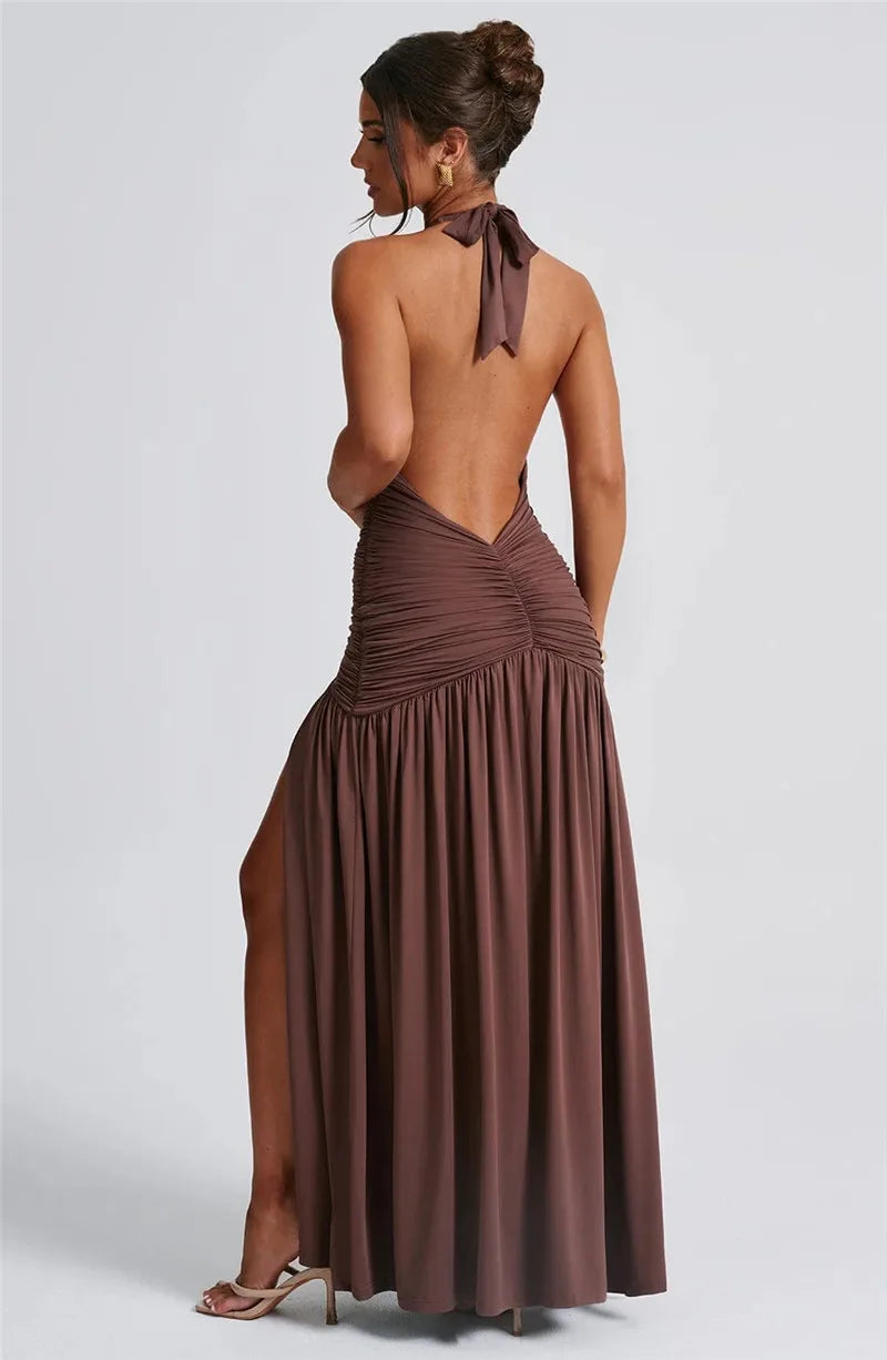 Elegant Halter Maxi Dress with High Slit in Deep Burgundy Black & White Colors