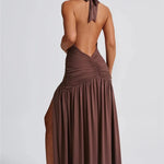 Elegant Halter Maxi Dress with High Slit in Deep Burgundy Black & White Colors