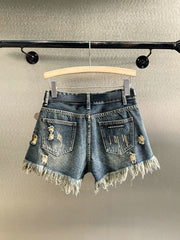 Women's Vintage Y2K Sequin Floral Denim Shorts Distressed Tassel Embroidered Handmade Rhinestone Fringe Denim Shorts