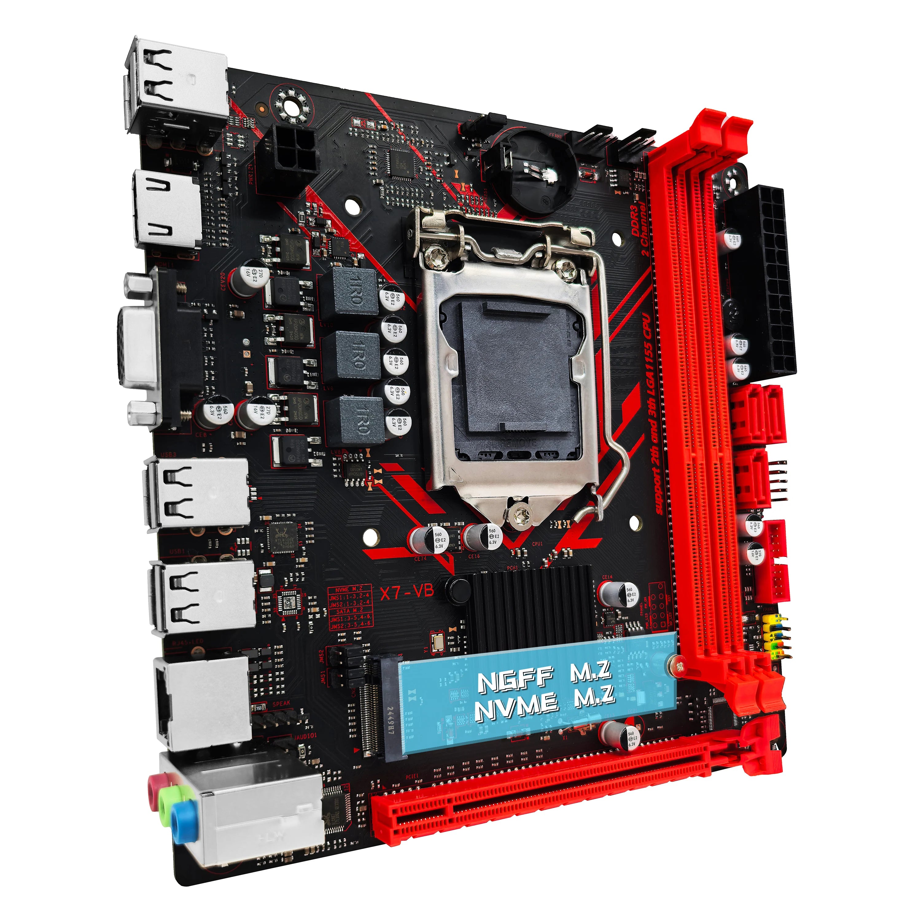 Computer motherboard with red and black design on a white background