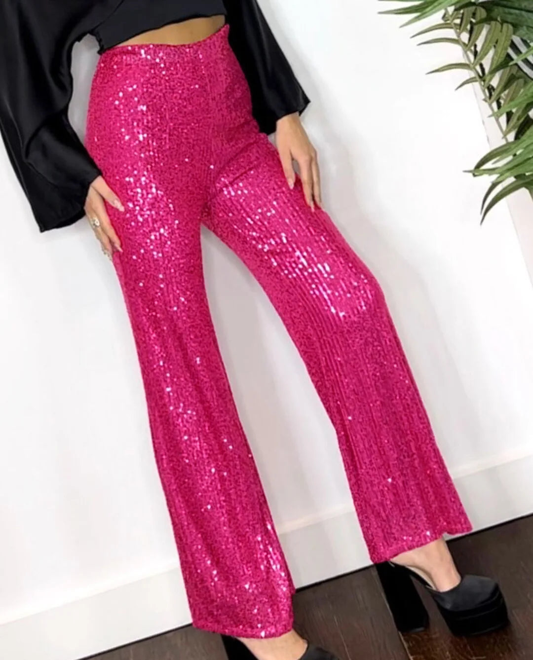 Women's Elegant Silk Sequin Pants, Midi Waist, Loose Long Pants, Classic Trousers Trendy Fashion, Streetwear