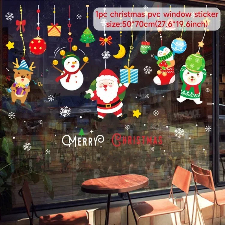 Christmas-themed window stickers with Santa Claus, reindeer, and snowman on a glass door.