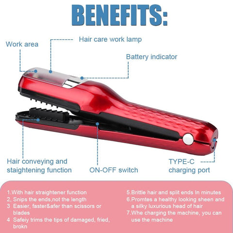 Red hair straightening tool with labeled features on a white background