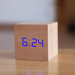 Digital Wooden LED Alarm Clock Wood Retro Glow Clock Desktop Table Decor Voice Control Snooze Function