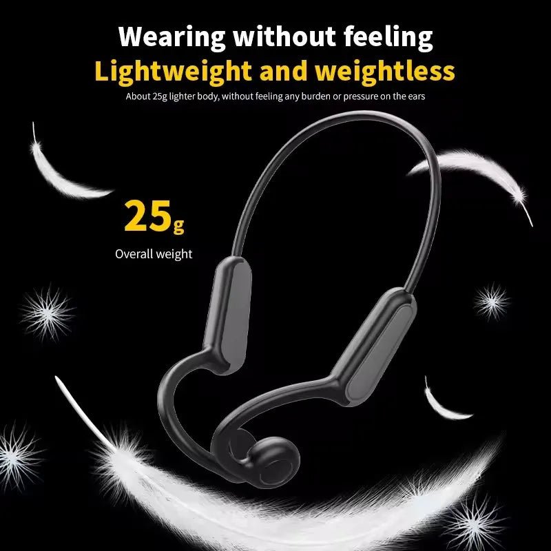 Wireless earbud with text highlighting weightlessness and lightweight design on a black background