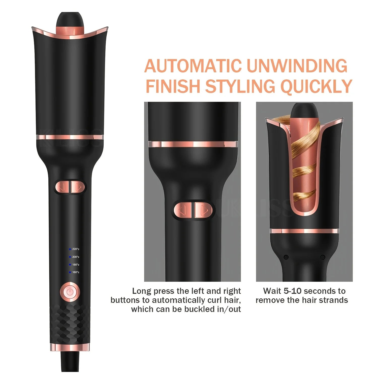Hair styling tool with black and rose gold design, featuring text on automatic unwinding and styling process.