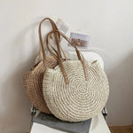 Handcrafted Round Straw Woven Beach Tote Bag Vacation Beach Hollow Out Shoulder Bag