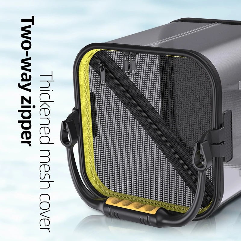 container with two-way zipper and mesh cover on a light blue background