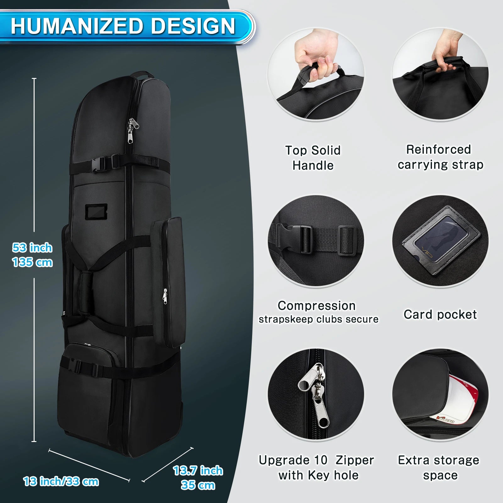 Black golf bag with features highlighted on a gray background