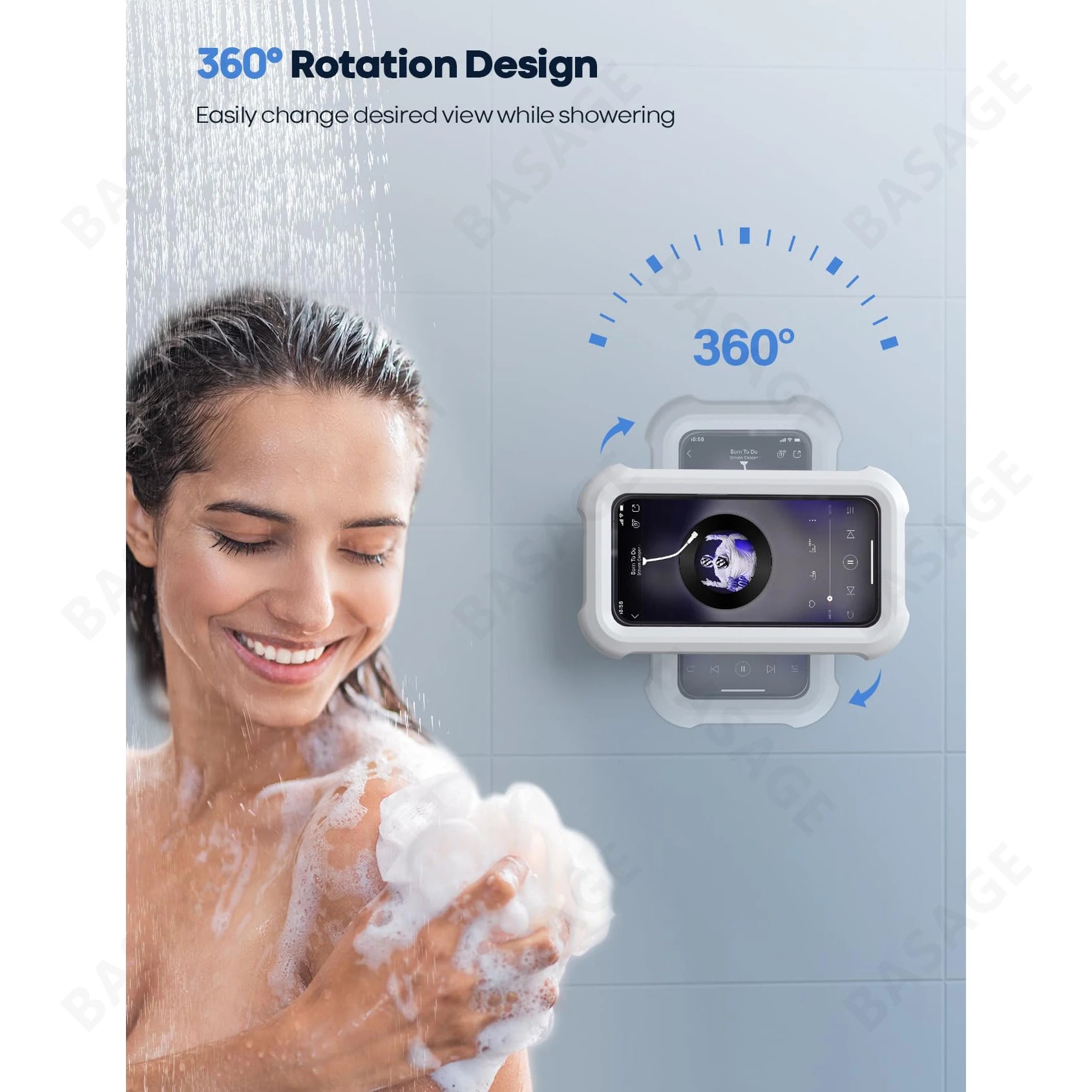 Waterproof Shower Phone Holder with 480° Rotation, Angle Adjustable, Wall Mounted Phone Holder for Bathroom Kitchen, Up to 6.8 Inch Phone