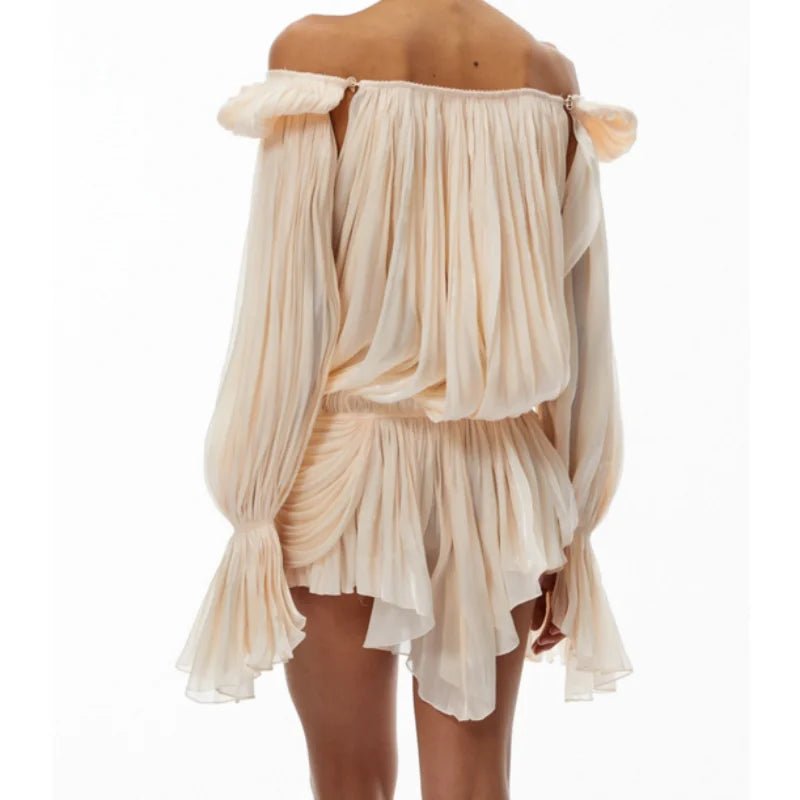 Beige off-shoulder dress with ruffled details on a white background