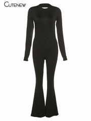 Sexy Backless Bodycon Flare Leg Jumpsuit Casual Slim Long Sleeve O-Neck Playsuit