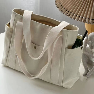 Casual Canvas Tote Bag with Multi-Pocket Design – Versatile Shopper / Student Bag for Everyday Use