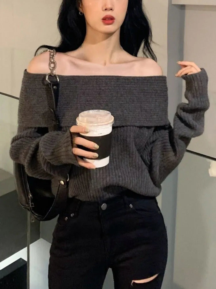 Off Shoulder Knitted Sweater for Women Long Sleeve Elegant Pullovers Autumn Winter Y2k Style