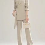 Women's Pant & Blazer 2 Piece Set Chic Long Sleeve Blazer High Waist Straight Pants Vintage Suit Office Attire