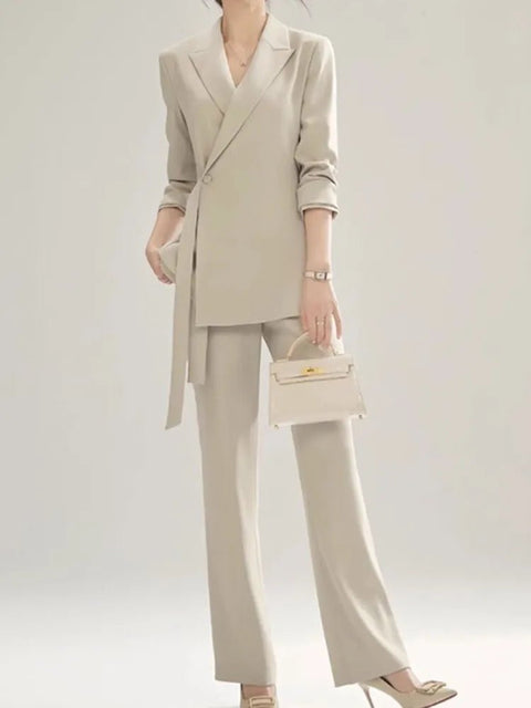 Pant Suit Women 2-Piece Chic Long Sleeve Blazer High Waist Straight Pants Vintage Office Attire Set