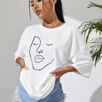 Simple Line Pattern Face Print T-Shirt Cotton Women's Tees Casual Soft Short Sleeve Tops