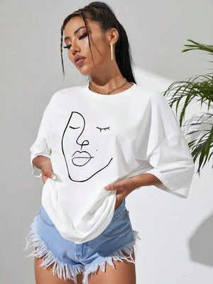 Simple Line Pattern Face Print T-Shirt Cotton Women's Tees Casual Soft Short Sleeve Tops