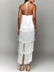 New Fashion Metallic Color Tassel Halter Long Dress Chic Sleeveless Backless Lace Up Slim  Sexy Maxi Dress