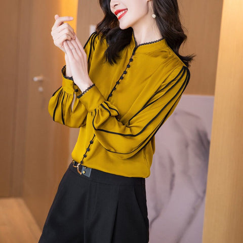 Satin Shirt Women Yellow Black Long Sleeve Button Elegant Casual Office Spring Autumn Fashion
