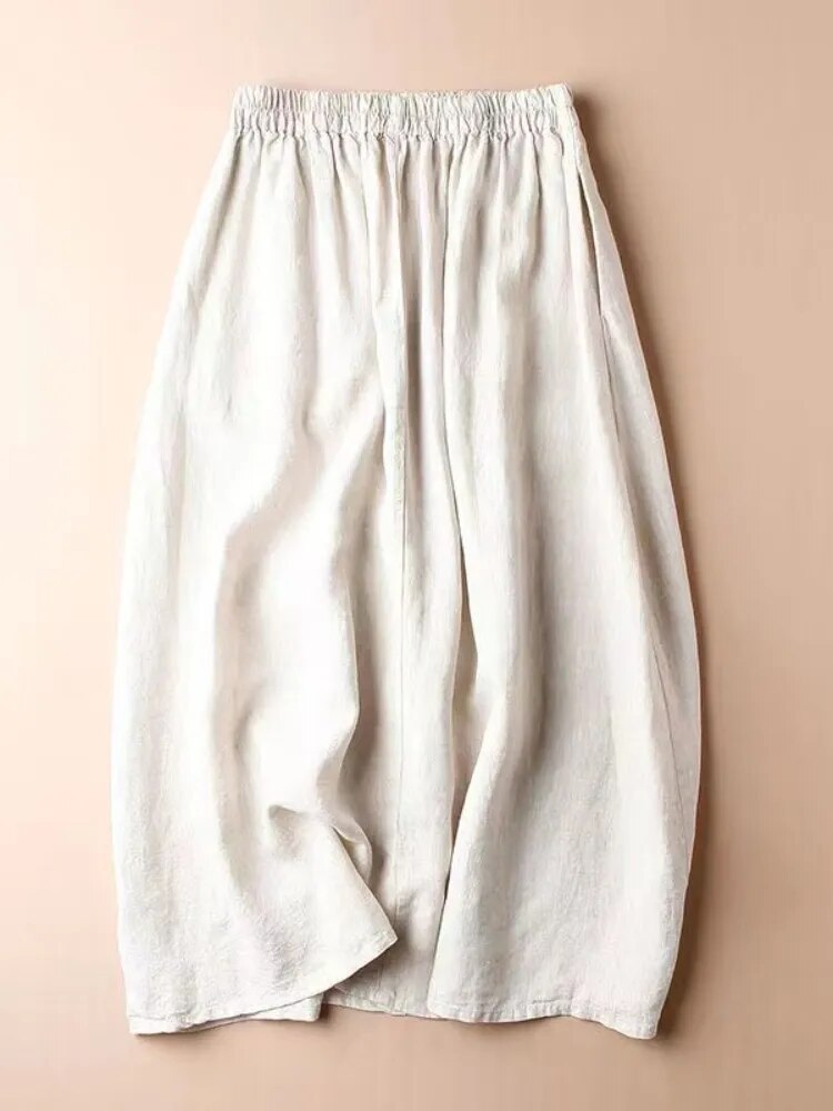 Cotton Linen Skirt for Women Embroidered Design Solid Casual Loose Elastic Waist A-LINE Skirts
