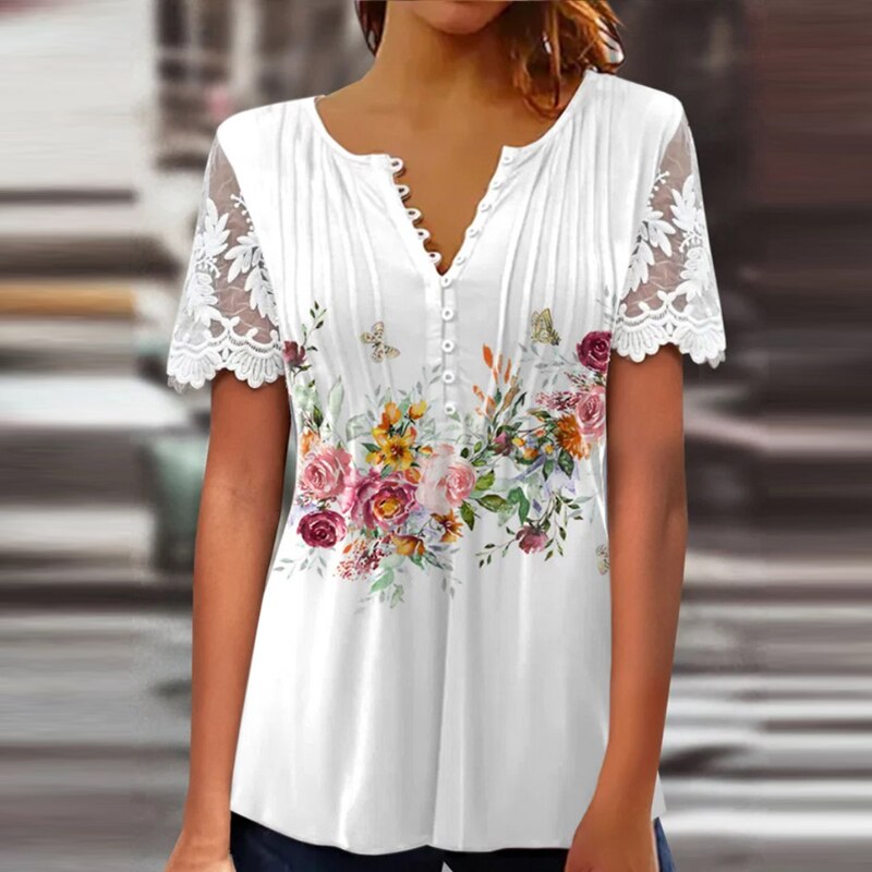 Women's Patchwork Lace Floral Print Top Embroidered Mesh Short Sleeve Blouse