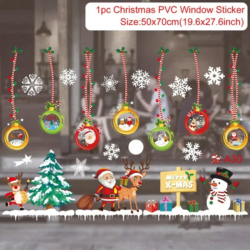 Christmas-themed window stickers with Santa Claus, reindeer, and snowflakes on a glass surface.
