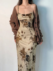 Vintage Fairycore Y2K Floral Print Midi Dress Backless Spaghetti Straps Chic Party Dress