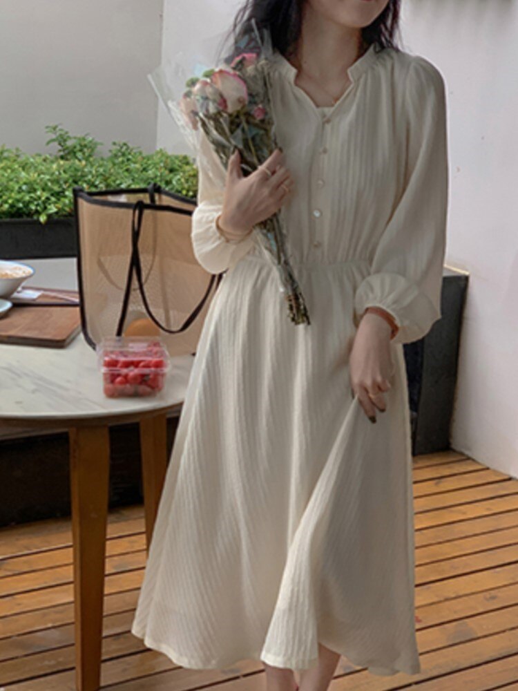 Women's  Vintage Midi Dress Long Sleeve V-neck Slim Waist Buttoned Dress