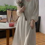 Women's  Vintage Midi Dress Long Sleeve V-neck Slim Waist Buttoned Dress