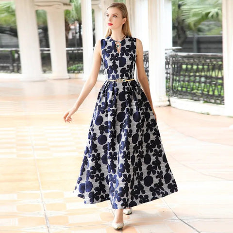 Maxi Dress Women Double Layer Floral Jacquard Sleeveless V-Neck A-Line Elegant Casual Summer Dress