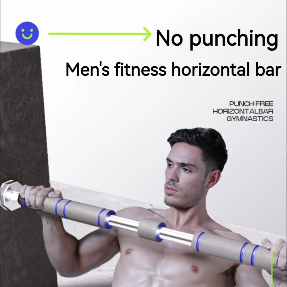 Man using a men's fitness horizontal bar with text indicating 'No punching' and brand name. pull up bar