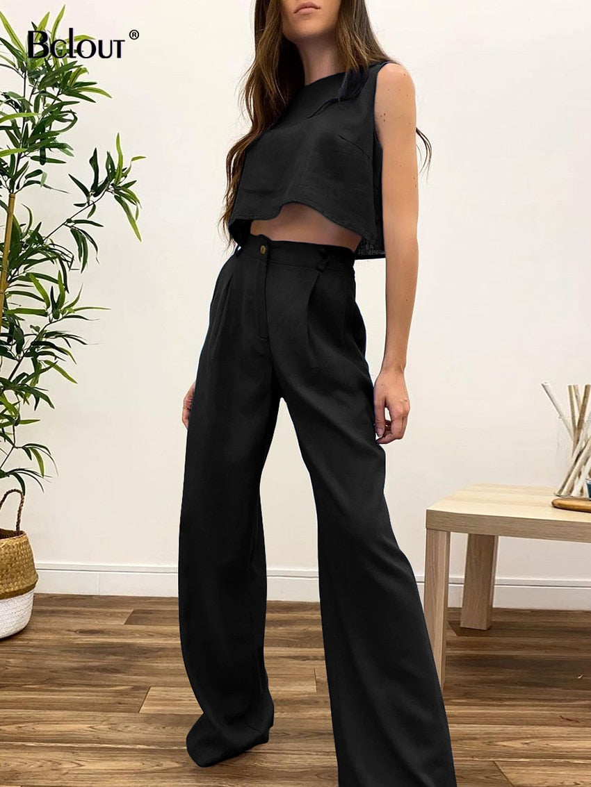 Women's 2 Piece Summer Cotton/Poly Long Pants Set Crop Top & Wide Leg Pant