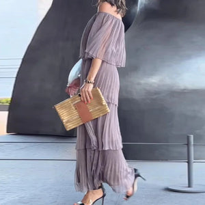 Slash Neck Off Shoulder Pleated Long Dress Spring Summer Elegant Ruffle Plus Size Party Dress Butterfly Sleeve Maxi Dress