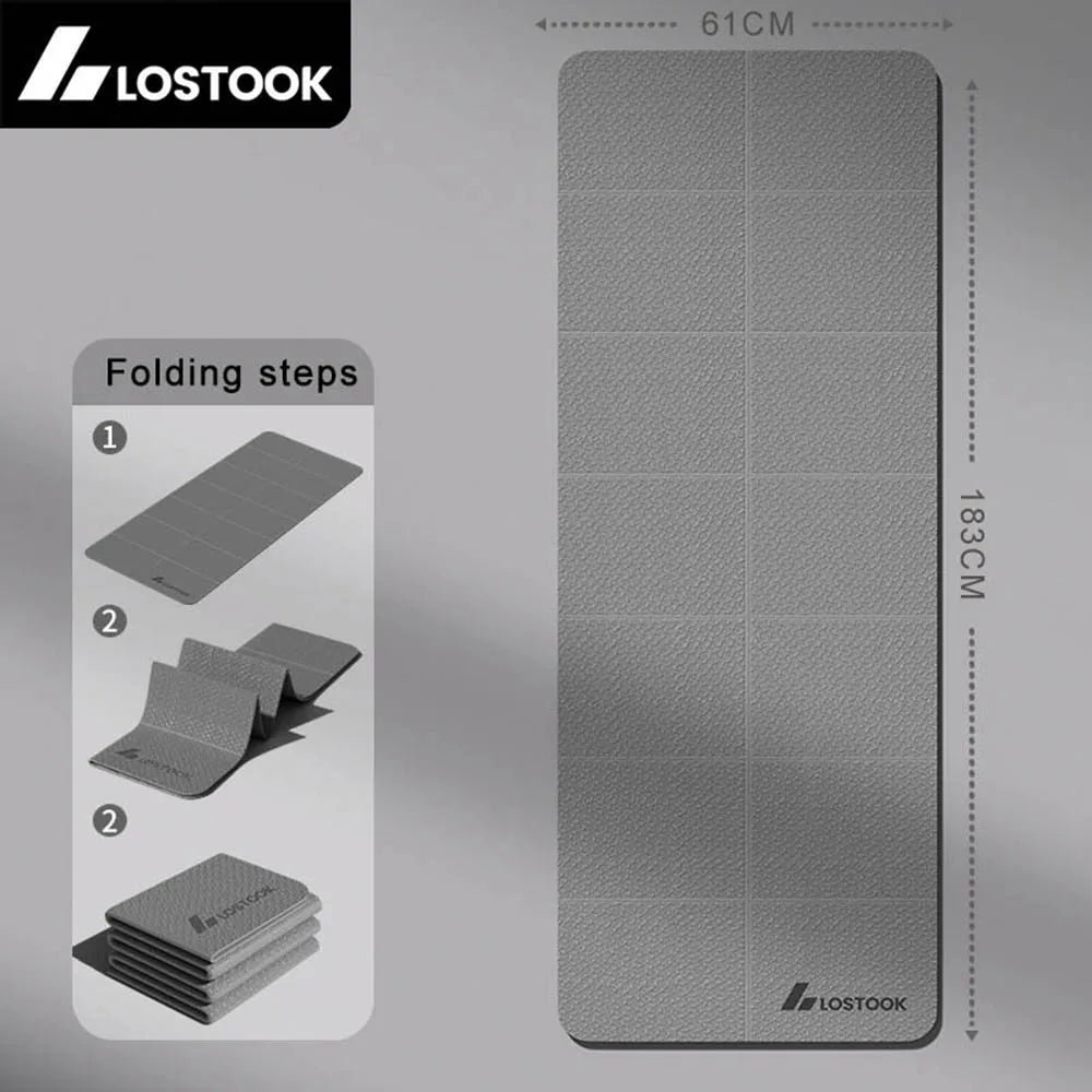 Gray exercise mat with folding steps illustration and measurement details on a gray background, featuring the LOSTOOK brand.