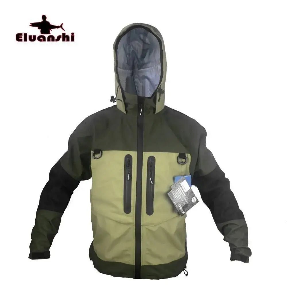 Green and black jacket with a hood on a white background, featuring the Eluanshi brand.